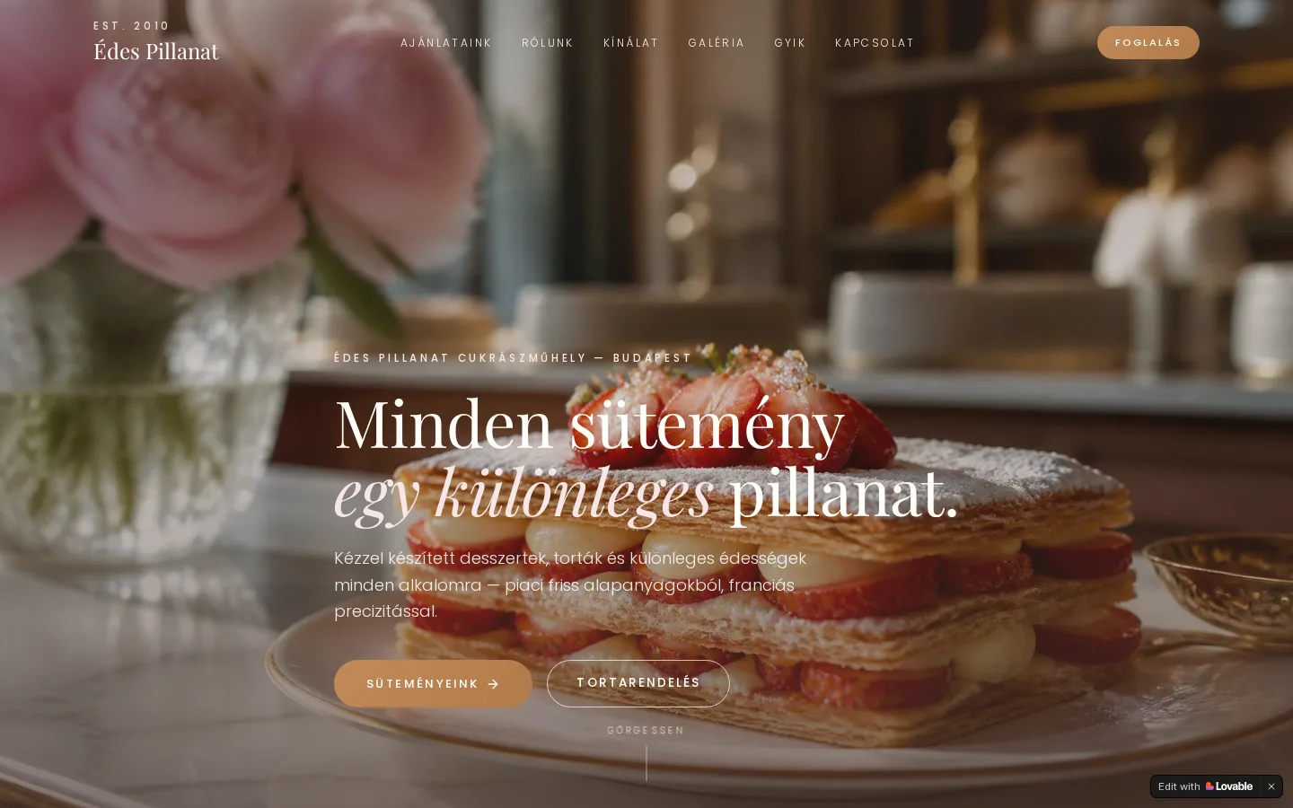 Az Édes Pillanat Cukrászműhely weboldalának kezdőoldala