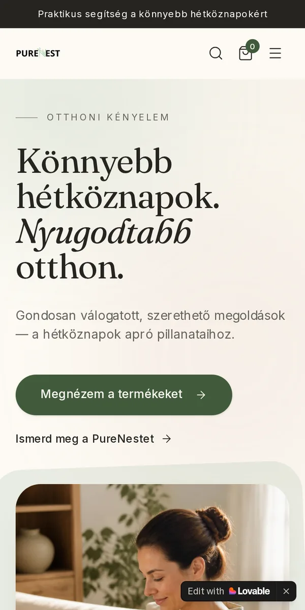 PureNest otthoni kényelmi webshop mobil előnézete