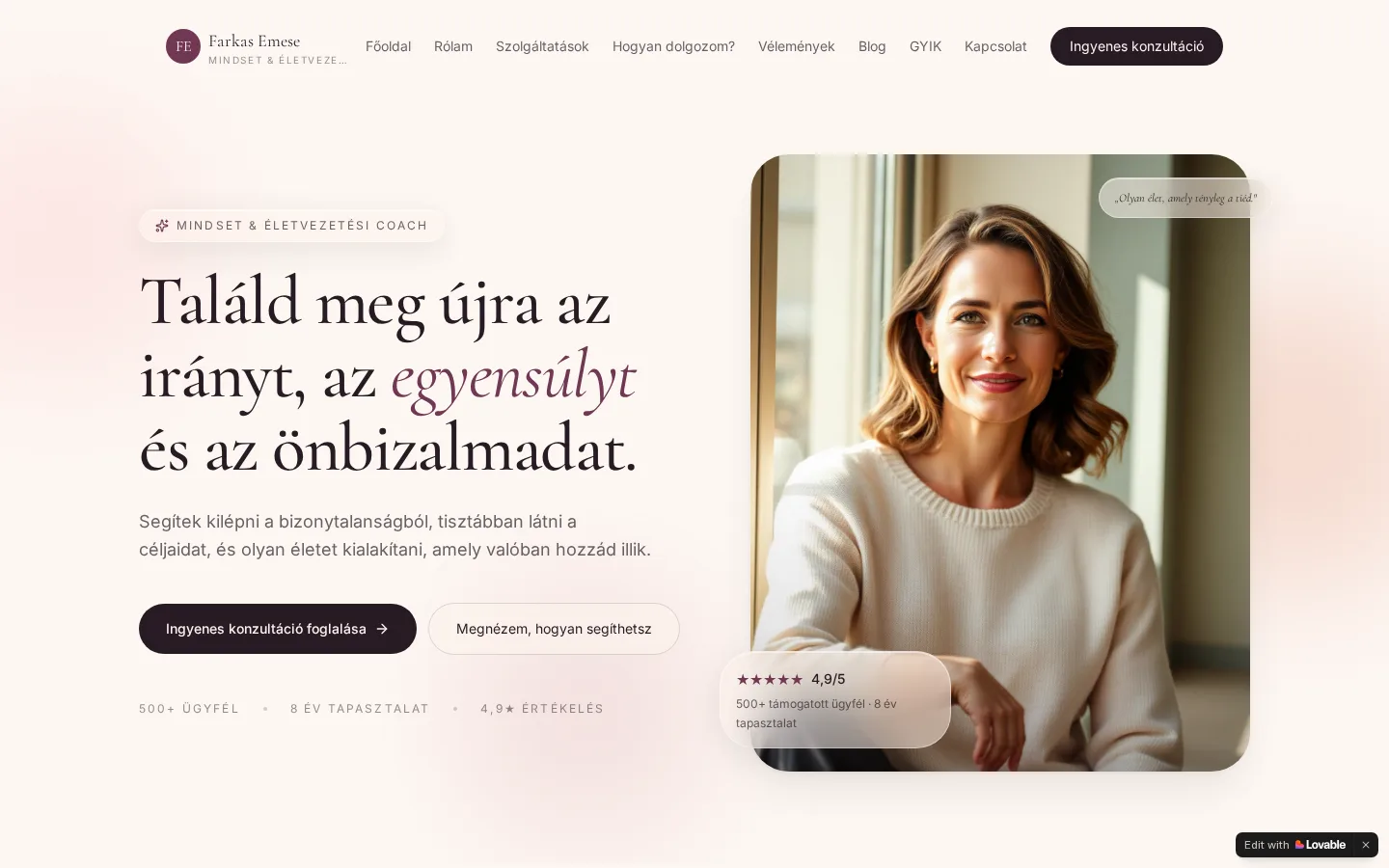 Farkas Emese coach és mentor weboldalának kezdőoldala